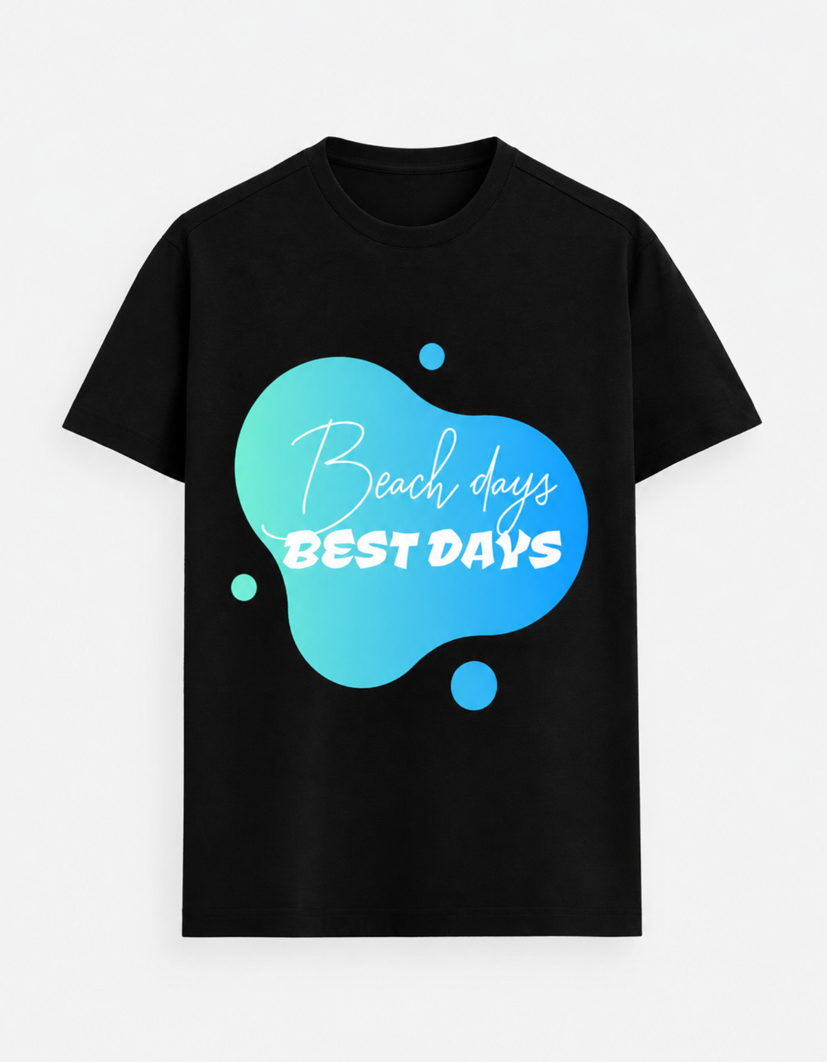 A black short-sleeve t-shirt with a blue and teal abstract splash graphic on the front featuring the text 'Beach days BEST DAYS' in white, shown against a light gray background.