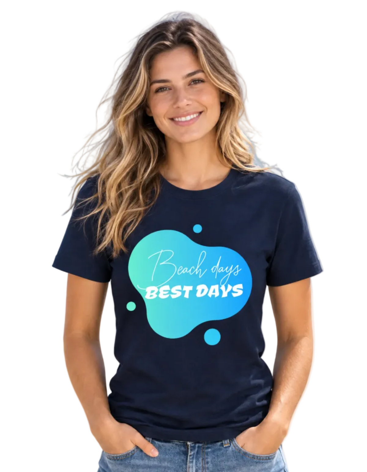 A woman with blonde hair wearing a navy blue t-shirt with a blue and teal abstract splash graphic that reads 'Beach days BEST DAYS' in white, paired with blue jeans, against a plain white background.
