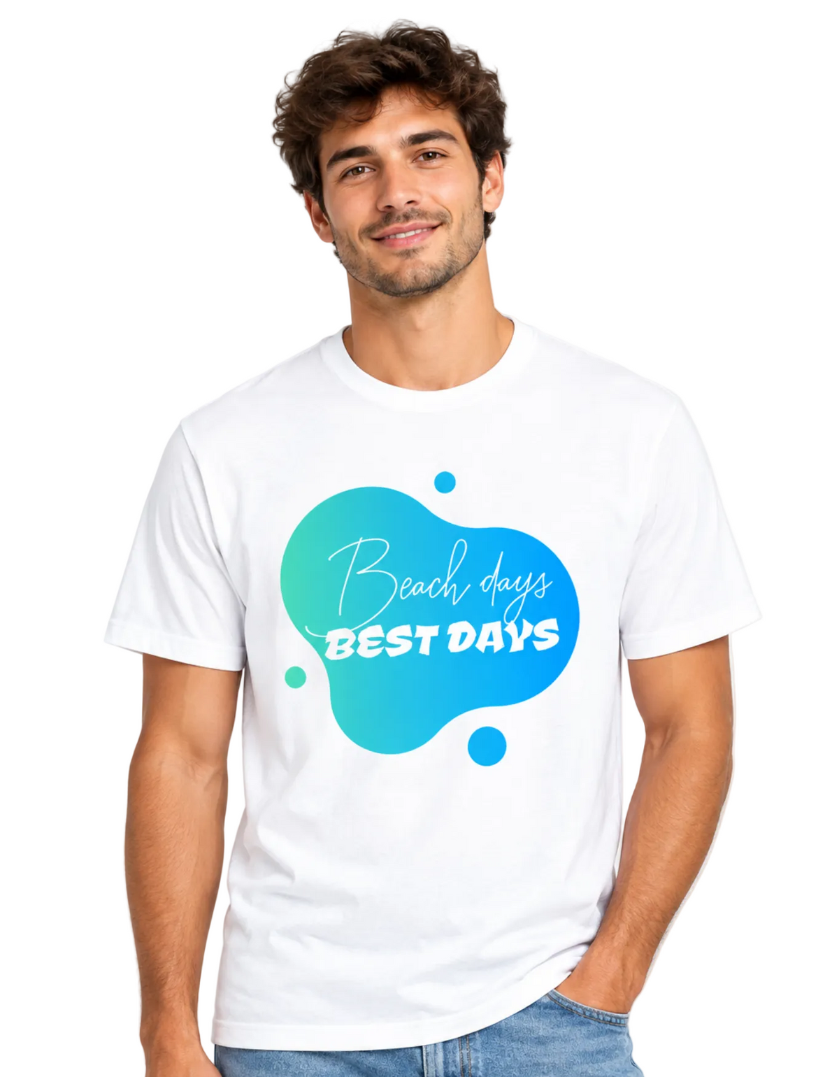 A man wearing a white crew-neck t-shirt with a blue and teal abstract splash graphic on the chest containing the text 'Beach days BEST DAYS'.