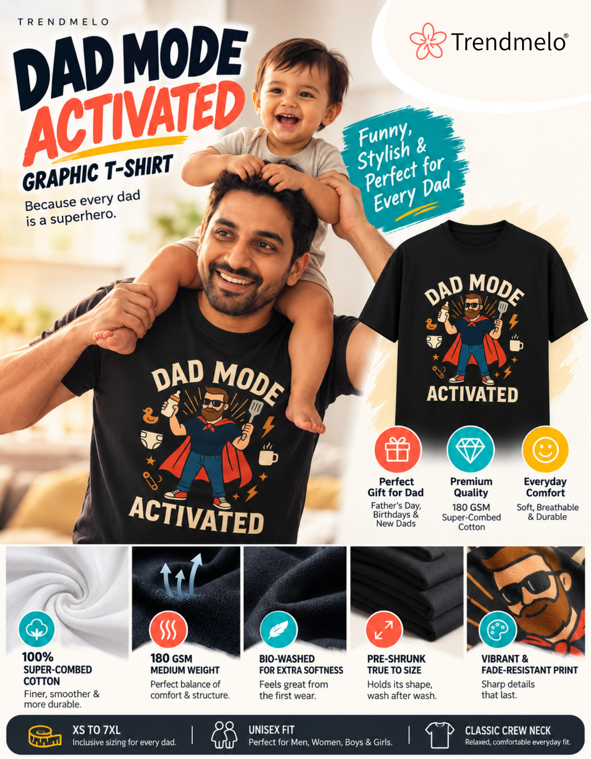A promotional graphic for a Trendmelo graphic T-shirt featuring a man wearing a black T-shirt with a colorful 'Dad Mode Activated' superhero graphic, while carrying a toddler on his shoulders. The image includes multiple text callouts, feature icons, and fabric detail swatches.