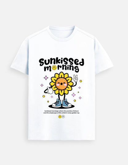 Trendmelo Sunkissed Morning Supima cotton graphic t-shirt in White — 
groovy Y2K sunflower character print, regular fit, sizes XS to 5XL