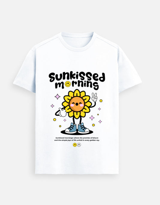 Trendmelo Sunkissed Morning Supima cotton graphic t-shirt in White — 
groovy Y2K sunflower character print, regular fit, sizes XS to 5XL