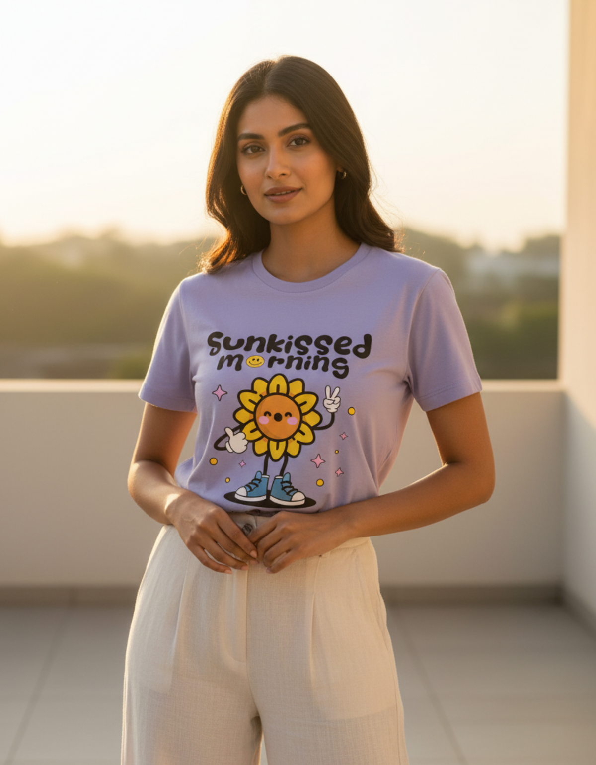 Woman wearing Trendmelo Sunkissed Morning lavender 100% Supima cotton graphic T-shirt with retro Y2K sunflower print and white wide-leg trousers