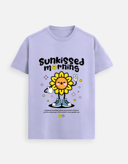 Trendmelo Sunkissed Morning lavender 100% Supima cotton graphic T-shirt featuring retro Y2K sunflower illustration with peace sign and sparkles