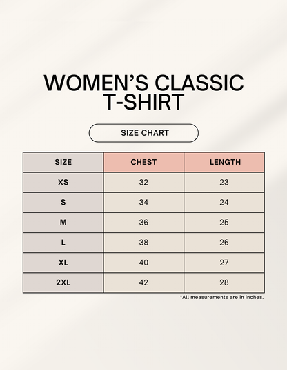 Size chart and measurement guide in inches for Trendmelo women's classic crew t-shirt from sizes XS to 2XL.