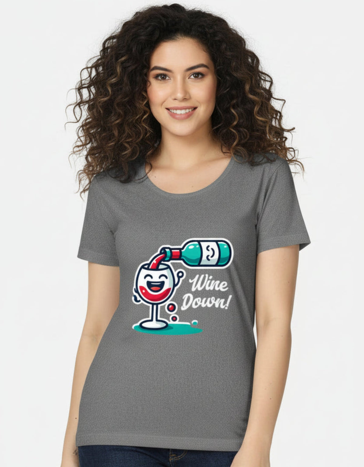 Female model wearing the charcoal melange gray Wine Down graphic tee for women, crafted from pre-shrunk cotton.