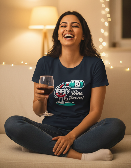 A smiling woman sitting on a cozy living room couch wearing the black Wine Down T-Shirt, holding a glass of red wine – funny gift for wine lovers and best friends.