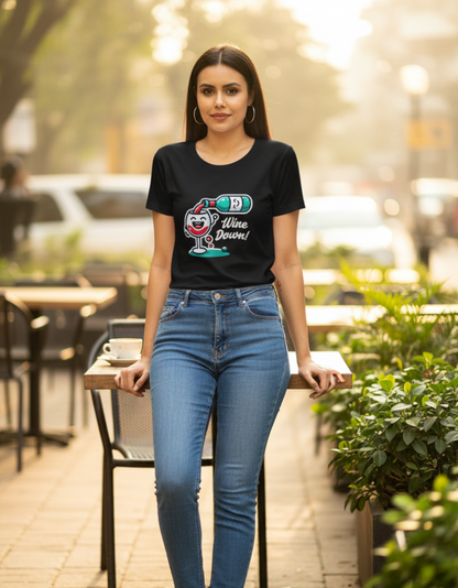 A woman wearing the black Wine Down graphic tee outdoors paired with denim and white sneakers for a casual weekend brunch look.