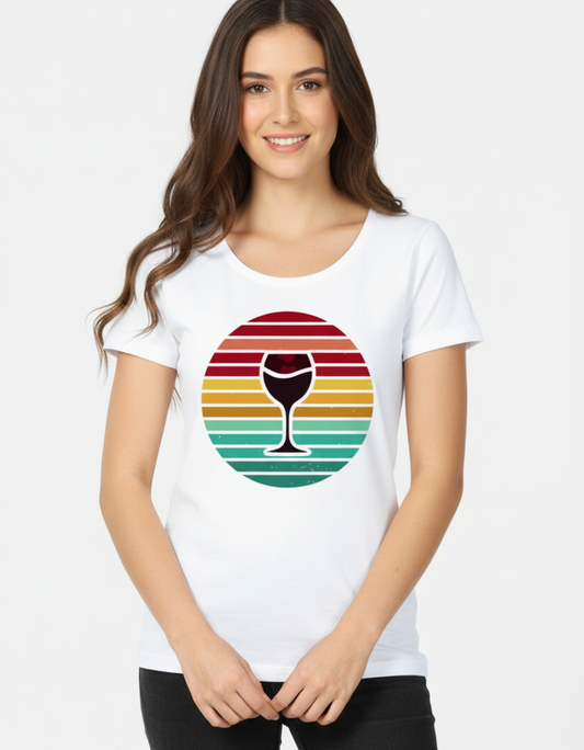 Woman wearing a white 100% super-combed cotton t-shirt with a retro 70s golden hour sunset graphic print by Trendmelo.