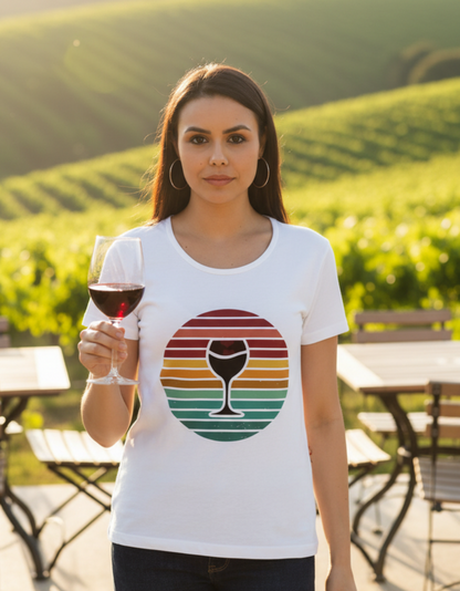 Woman wearing a white 100% super-combed cotton t-shirt with a retro 70s golden hour sunset graphic print by Trendmelo.
