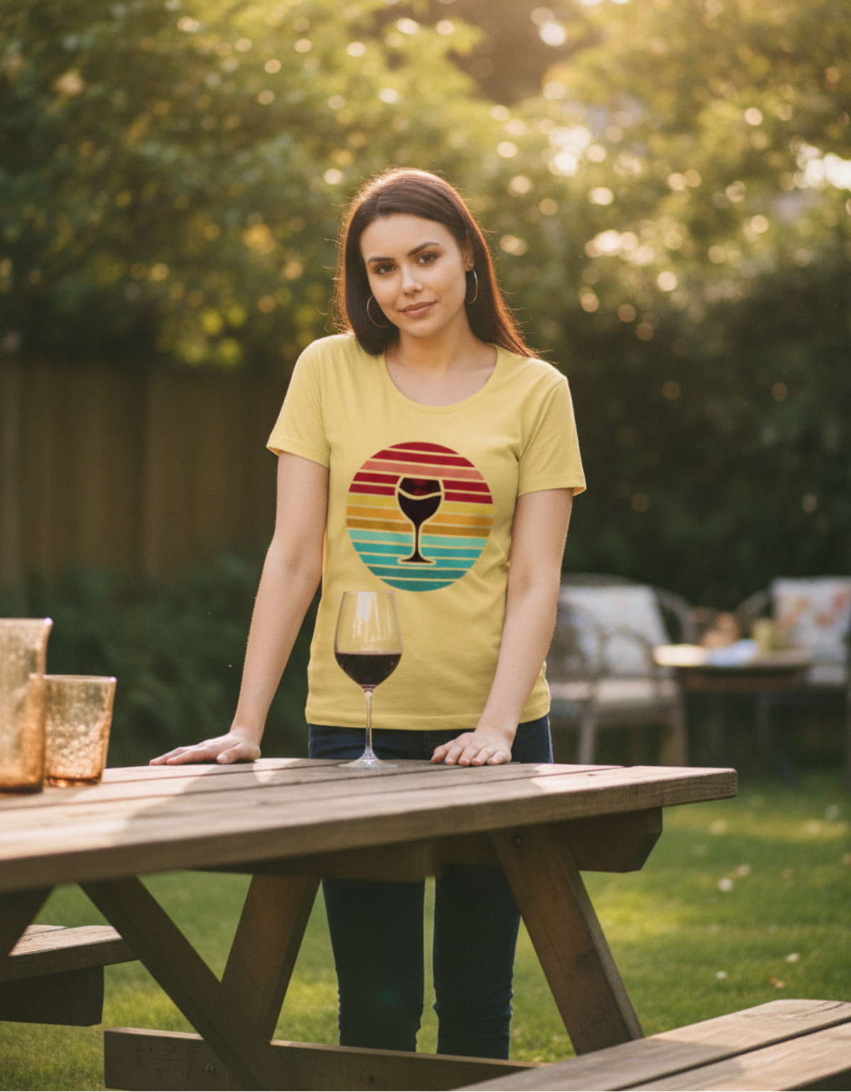 A woman stands behind a wooden picnic table in a sunlit backyard, wearing a yellow graphic T-shirt with a retro sunset wine glass design. A glass of red wine sits on the table in front of her.