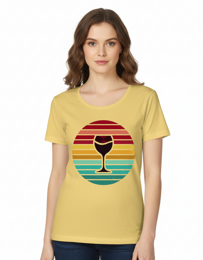 Woman modeling a soft yellow 180 GSM bio-washed cotton t-shirt featuring an elegant retro sunset silhouette print.