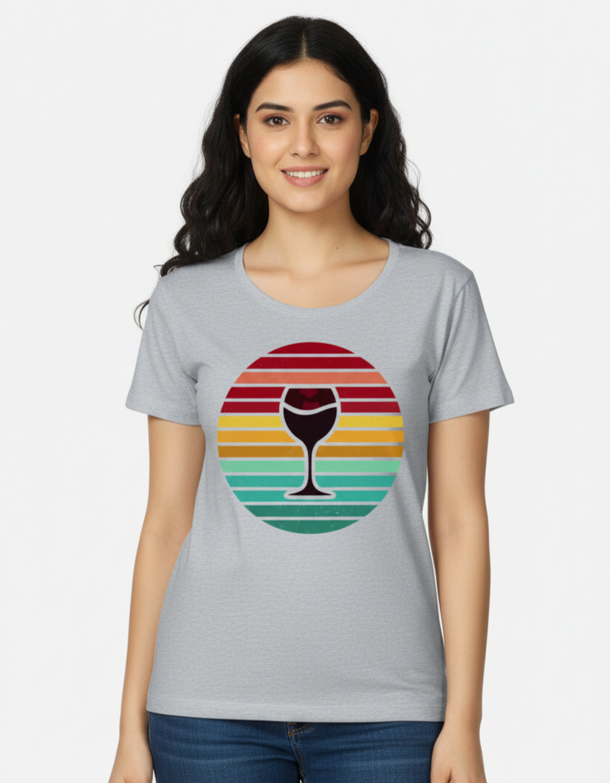 Front view of a grey melange regular fit women's t-shirt featuring a retro circular sunset graphic with crimson, amber, and teal stripes.