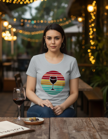 Lifestyle photo of a grey melange regular fit women's t-shirt featuring a retro circular sunset graphic with crimson, amber, and teal stripes.