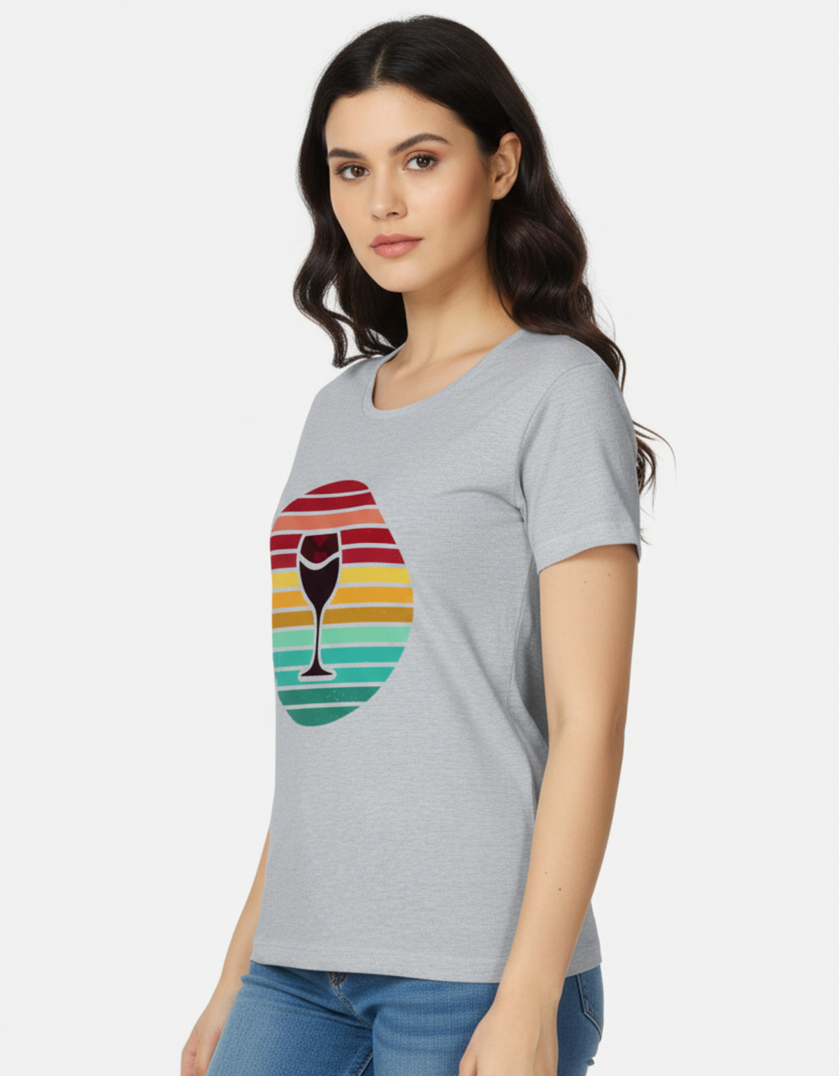 Side view of a grey melange regular fit women's t-shirt featuring a retro circular sunset graphic with crimson, amber, and teal stripes.