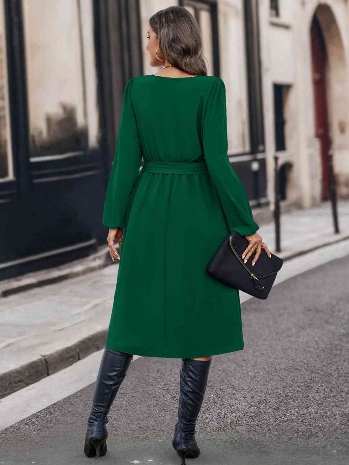 Buttoned Tie Front Long Sleeve Asymmetrical Neck Dress - TRENDMELO