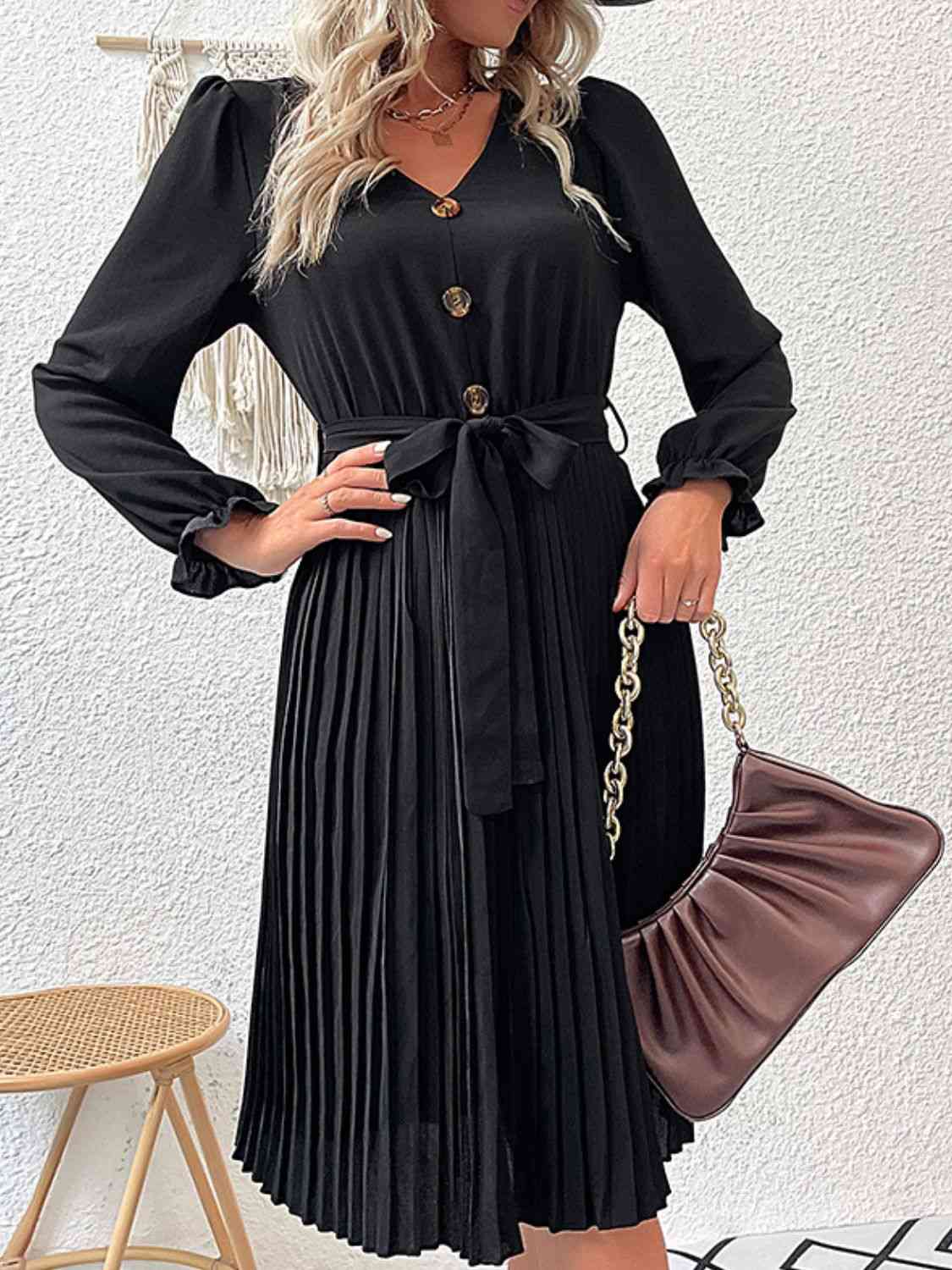 Decorative Button Belted Puff Sleeve Pleated Dress - TRENDMELO