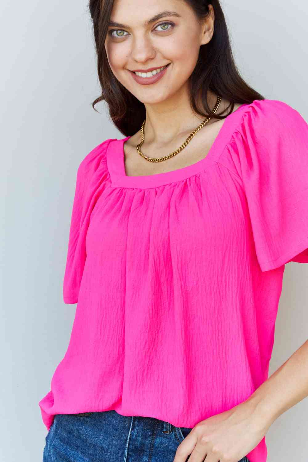 Ninexis Keep Me Close Square Neck Short Sleeve Blouse in Fuchsia - TRENDMELO