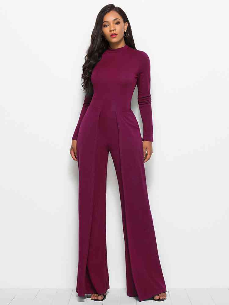 Long Sleeve Mock Neck Wide Leg Jumpsuit - TRENDMELO