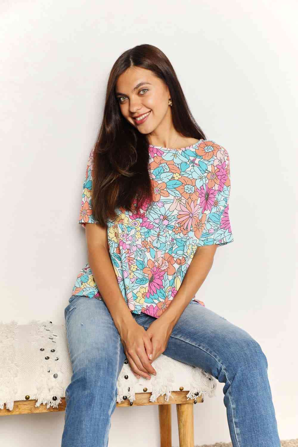 Double Take Floral Round Neck Babydoll Top - TRENDMELO