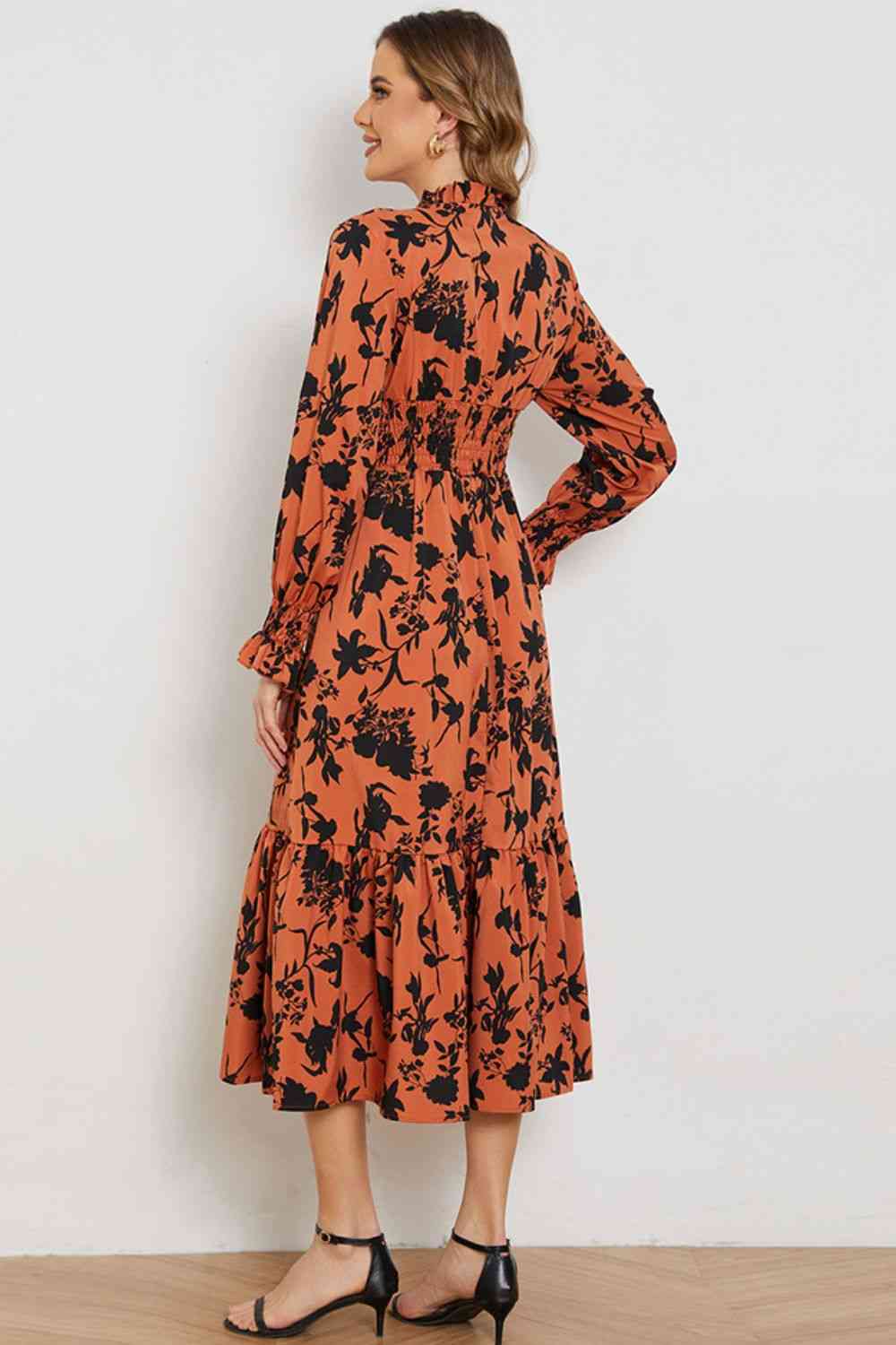 Floral Smocked Long Flounce Sleeve Dress - TRENDMELO