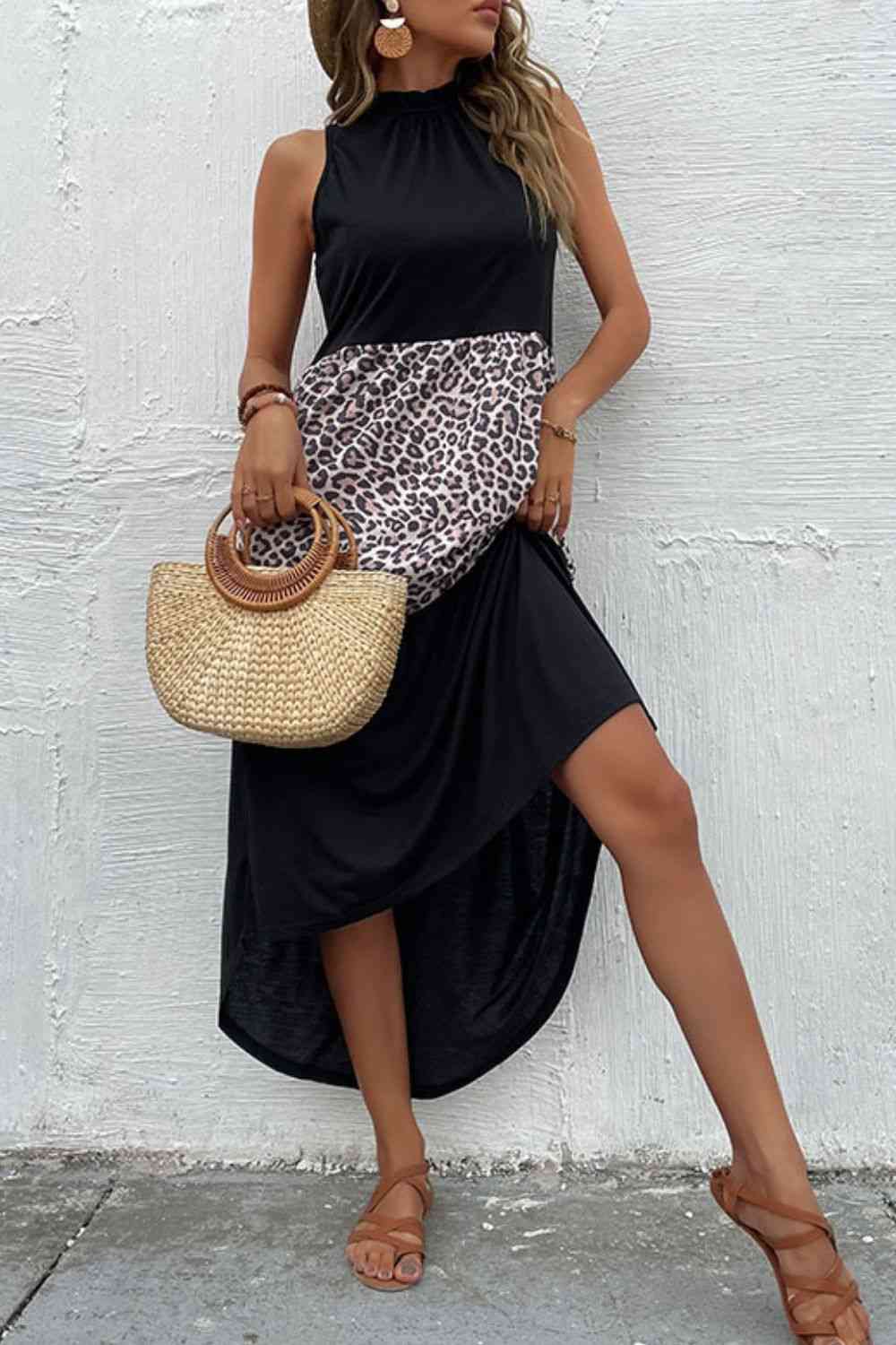 Leopard Contrast Sleeveless Maxi Dress - TRENDMELO