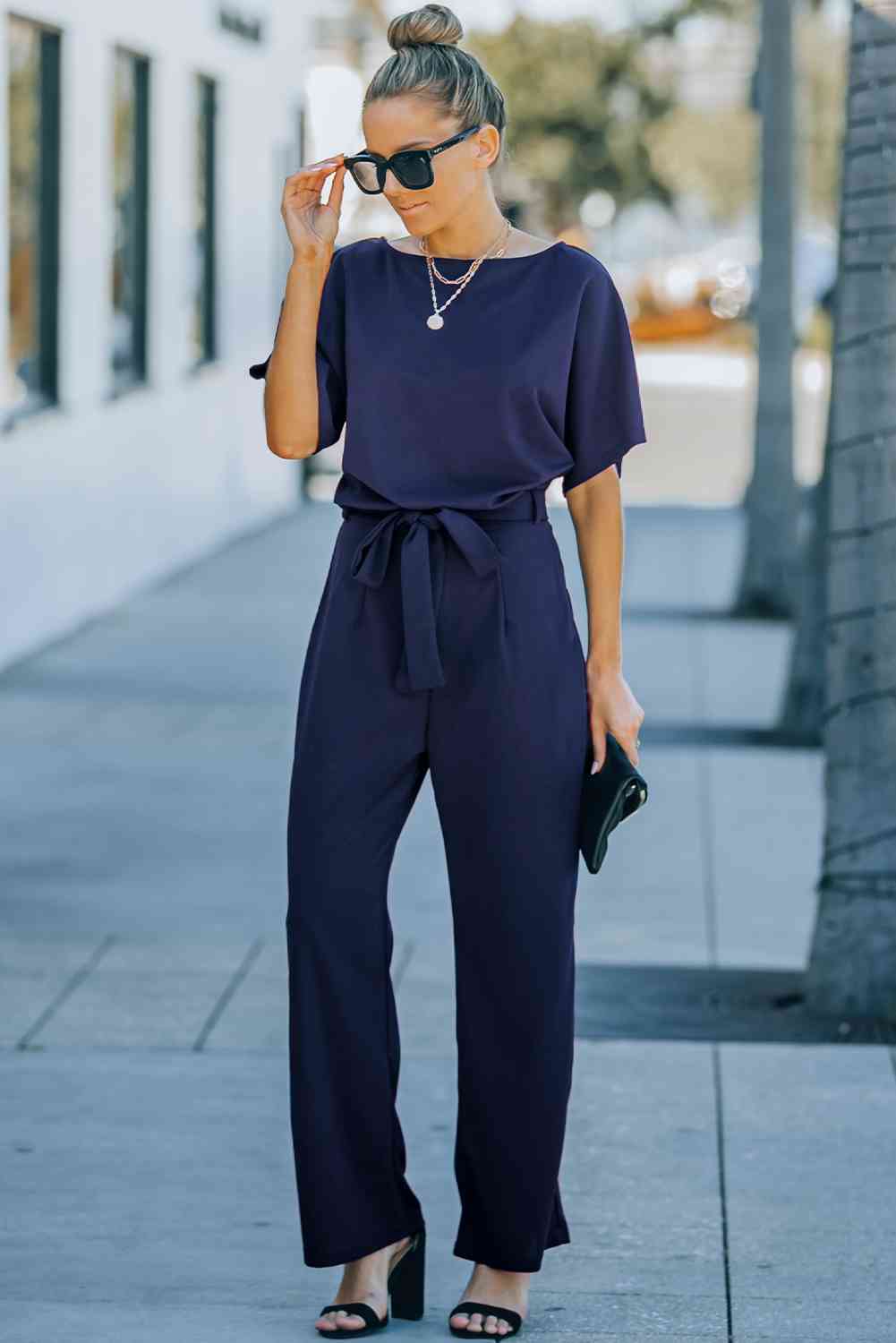 Full Size Tie Waist Straight Leg Jumpsuit - TRENDMELO