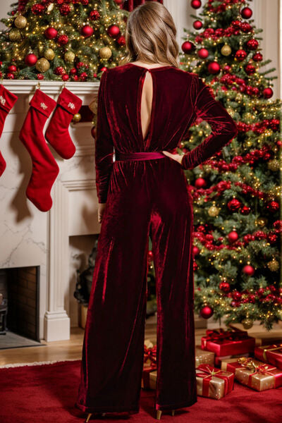 Tie Waist Long Sleeve Wide Leg Jumpsuit - TRENDMELO