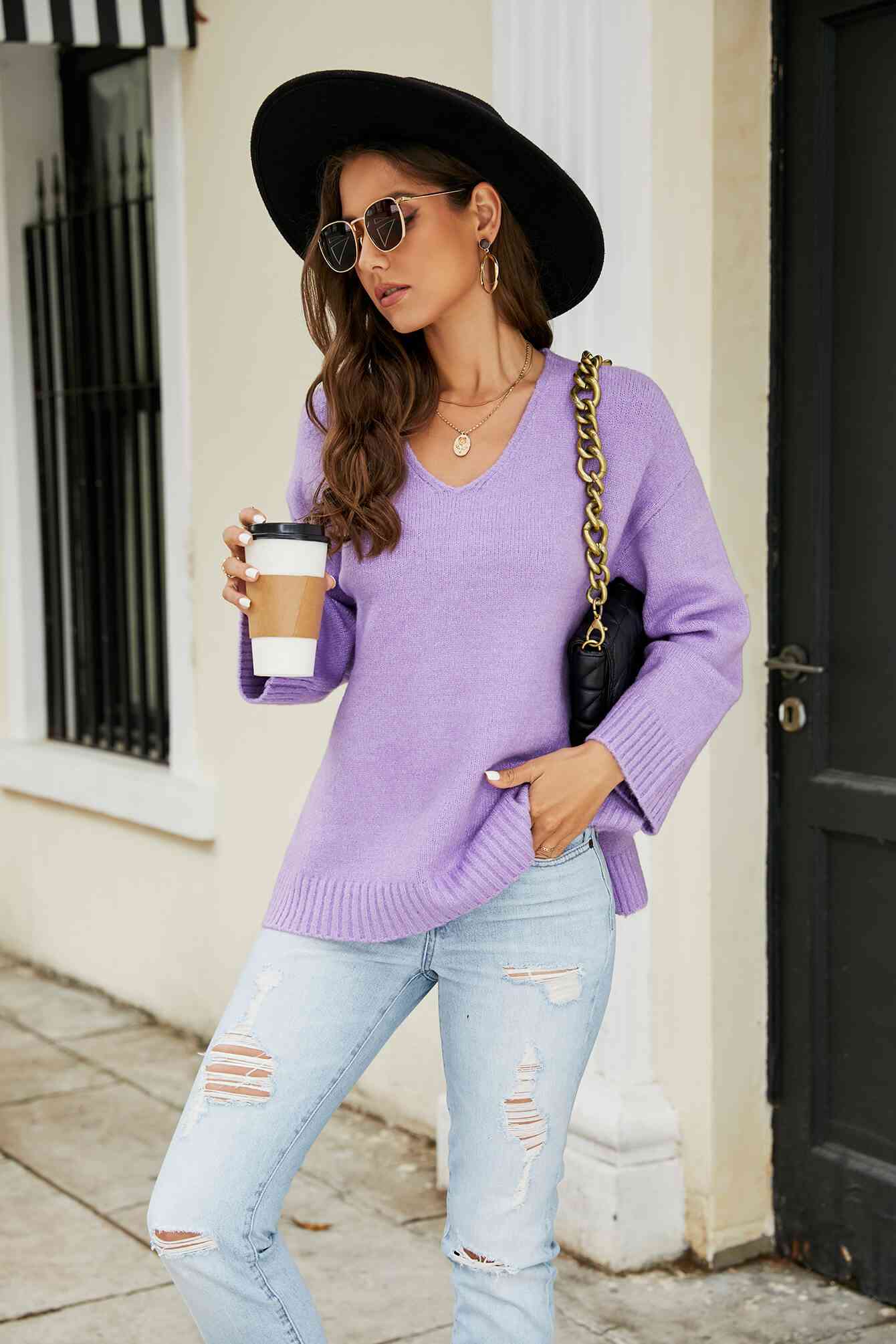 Drop Shoulder V-Neck Knit Pullover - TRENDMELO