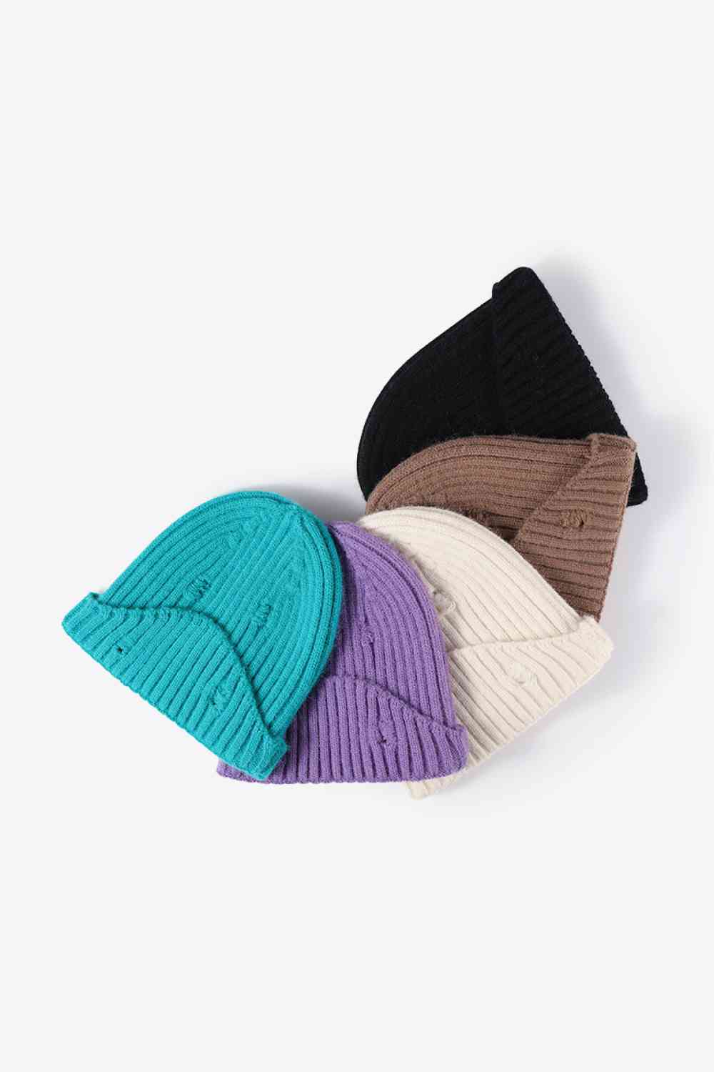 Distressed Rib-Knit Beanie - TRENDMELO