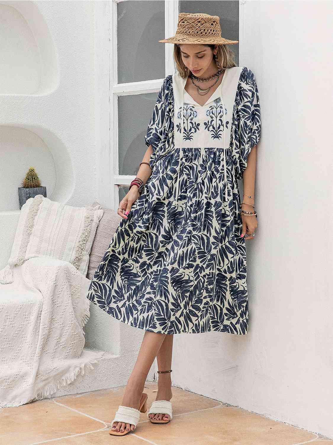 Printed Tie Neck Midi Dress - TRENDMELO