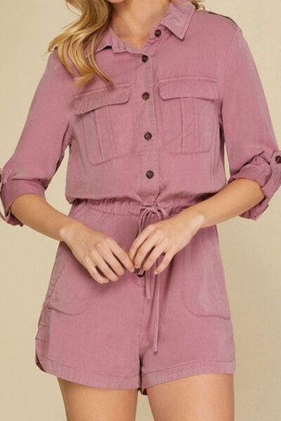 Collared Neck Drawstring Roll-Tab Sleeve Romper - TRENDMELO