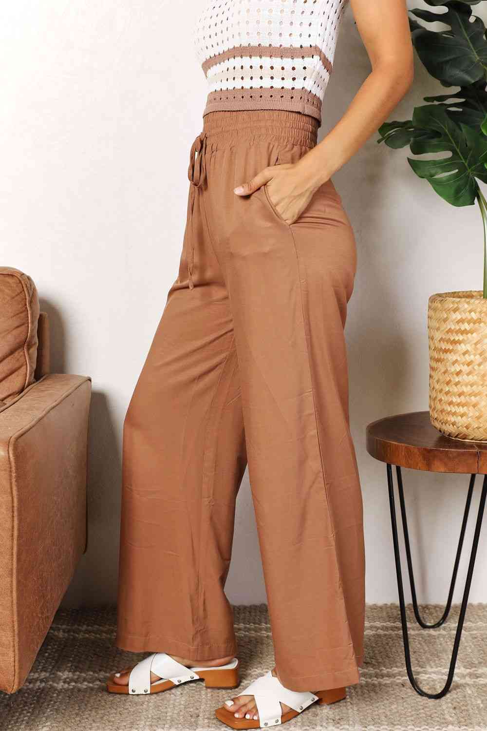 Double Take Drawstring Smocked Waist Wide Leg Pants - TRENDMELO