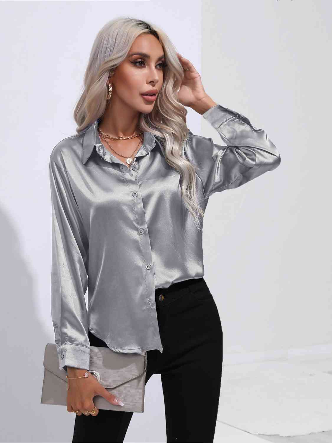 Collared Neck Buttoned Long Sleeve Shirt - TRENDMELO