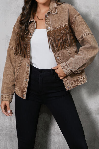 Fringe Trim Snap Down Denim Jacket - TRENDMELO