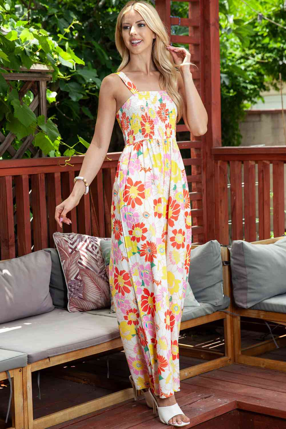 Floral Square Neck Smocked Wide Leg Jumpsuit - TRENDMELO