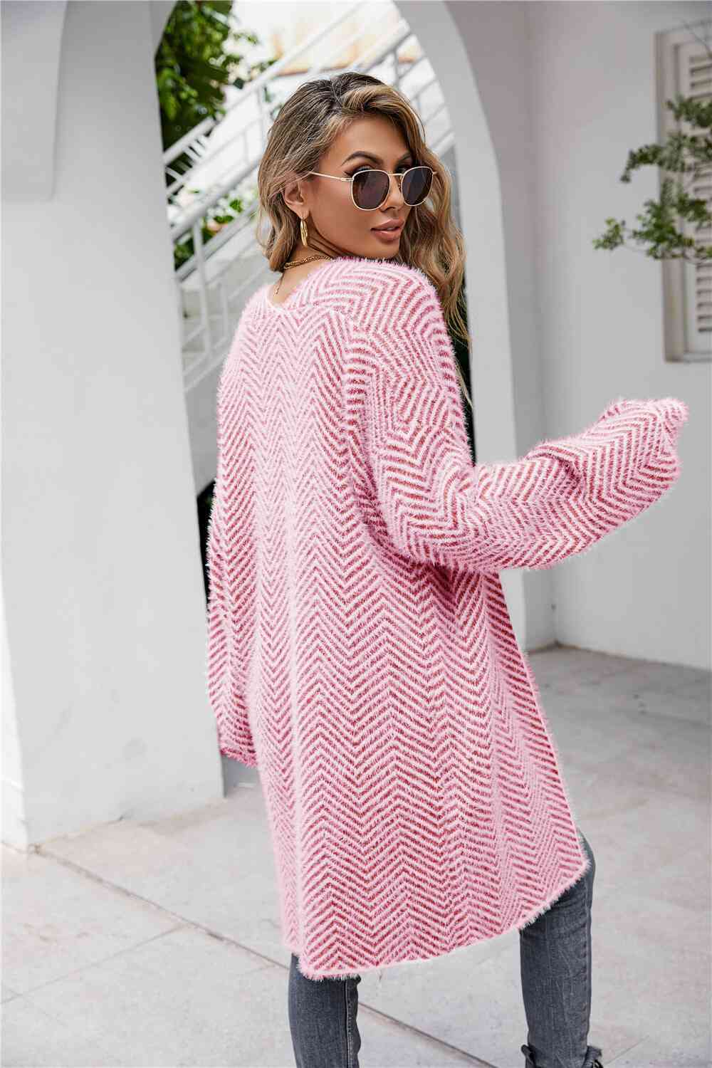 Herringbone Pattern Open Front Longline Fuzzy Cardigan - TRENDMELO