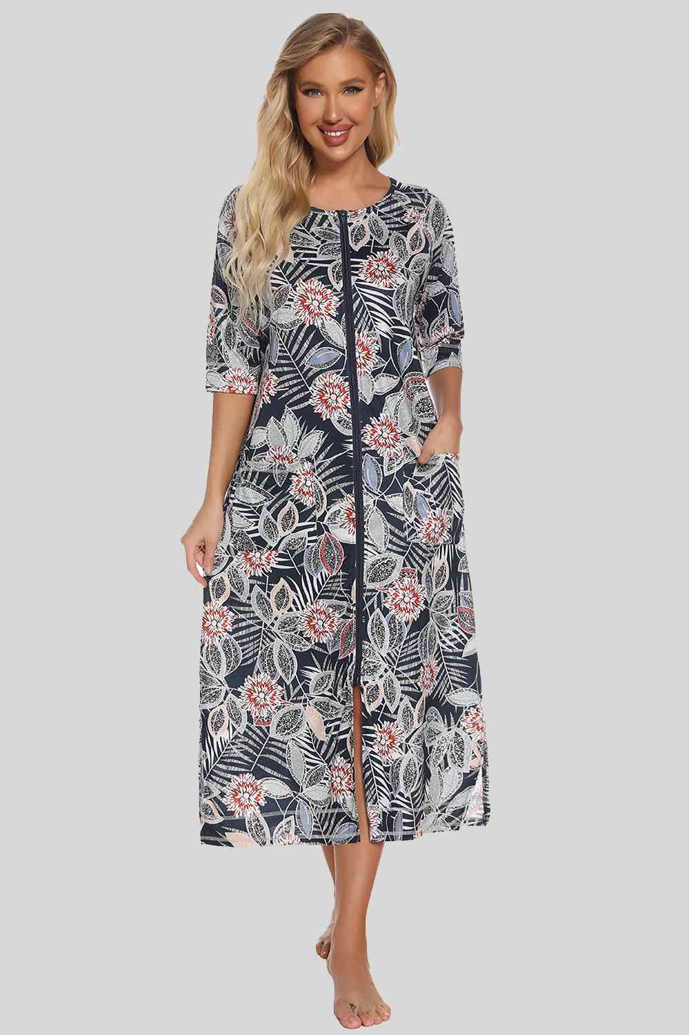 Printed Slit Night Dress with Pockets - TRENDMELO