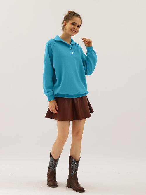 Ninexis Full Size Quarter-Button Collared Sweatshirt - TRENDMELO