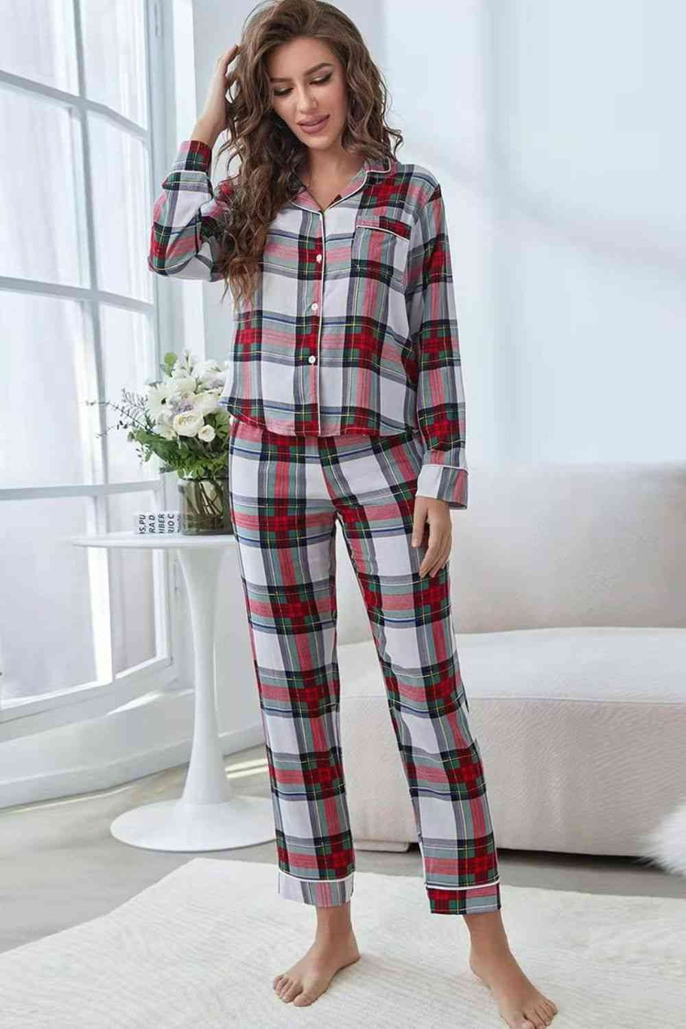 Plaid Button Front Top and Pants Lounge Set - TRENDMELO