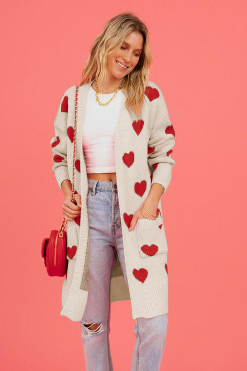 Heart Graphic Open Front Cardigan with Pockets - TRENDMELO