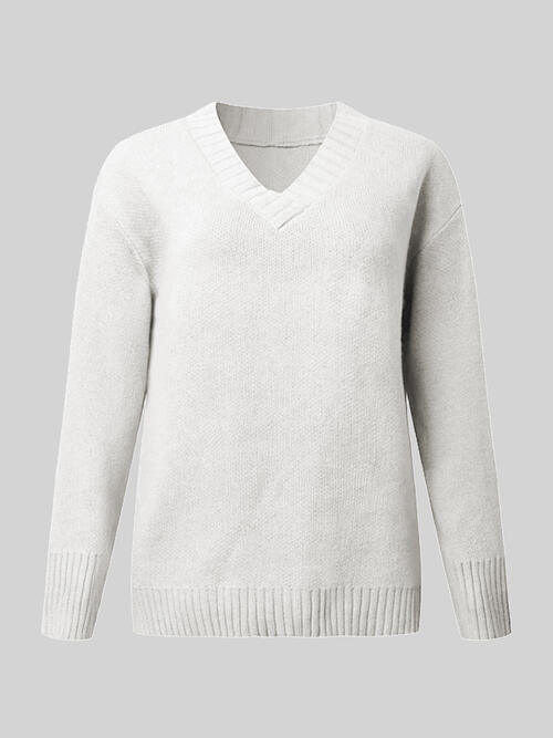 V-Neck Long Sleeve Knit Top - TRENDMELO