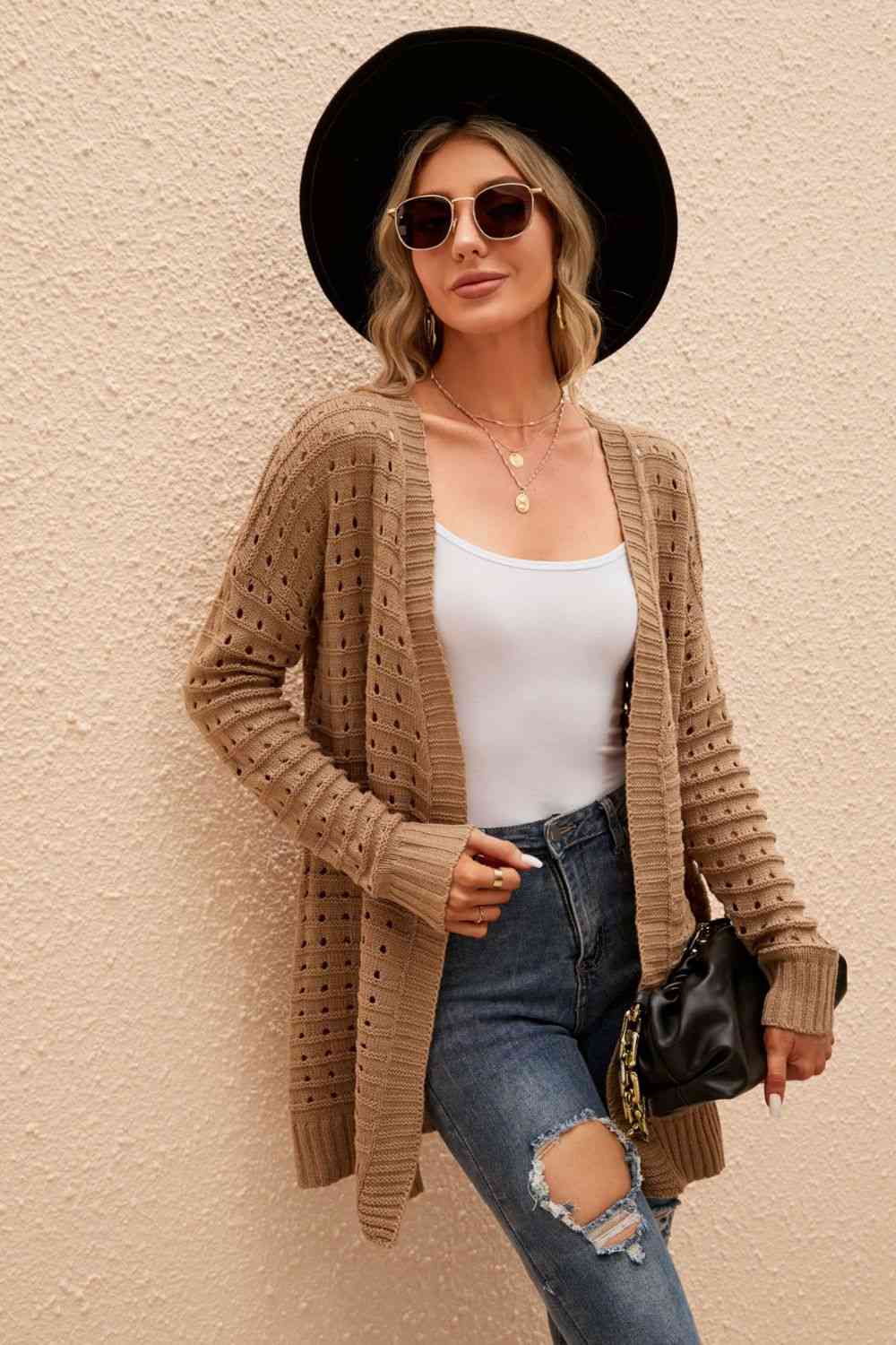 Openwork Horizontal Ribbing Open Front Cardigan - TRENDMELO