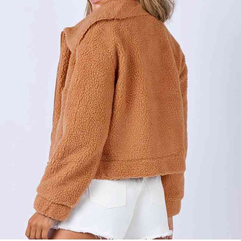 Long Sleeve Collared Neck Sherpa Jacket - TRENDMELO