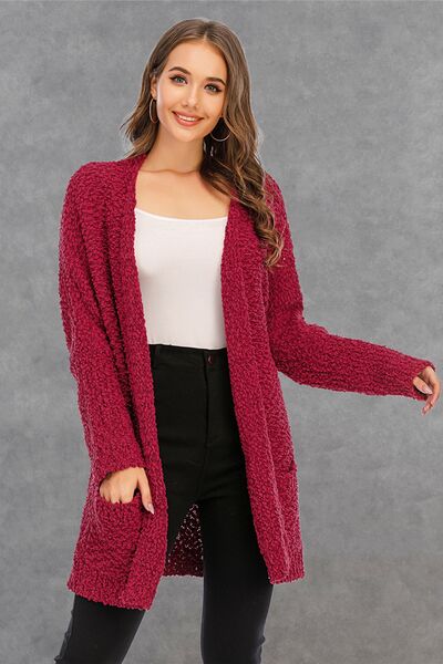 Pocketed Open Front Long Sleeve Cardigan - TRENDMELO