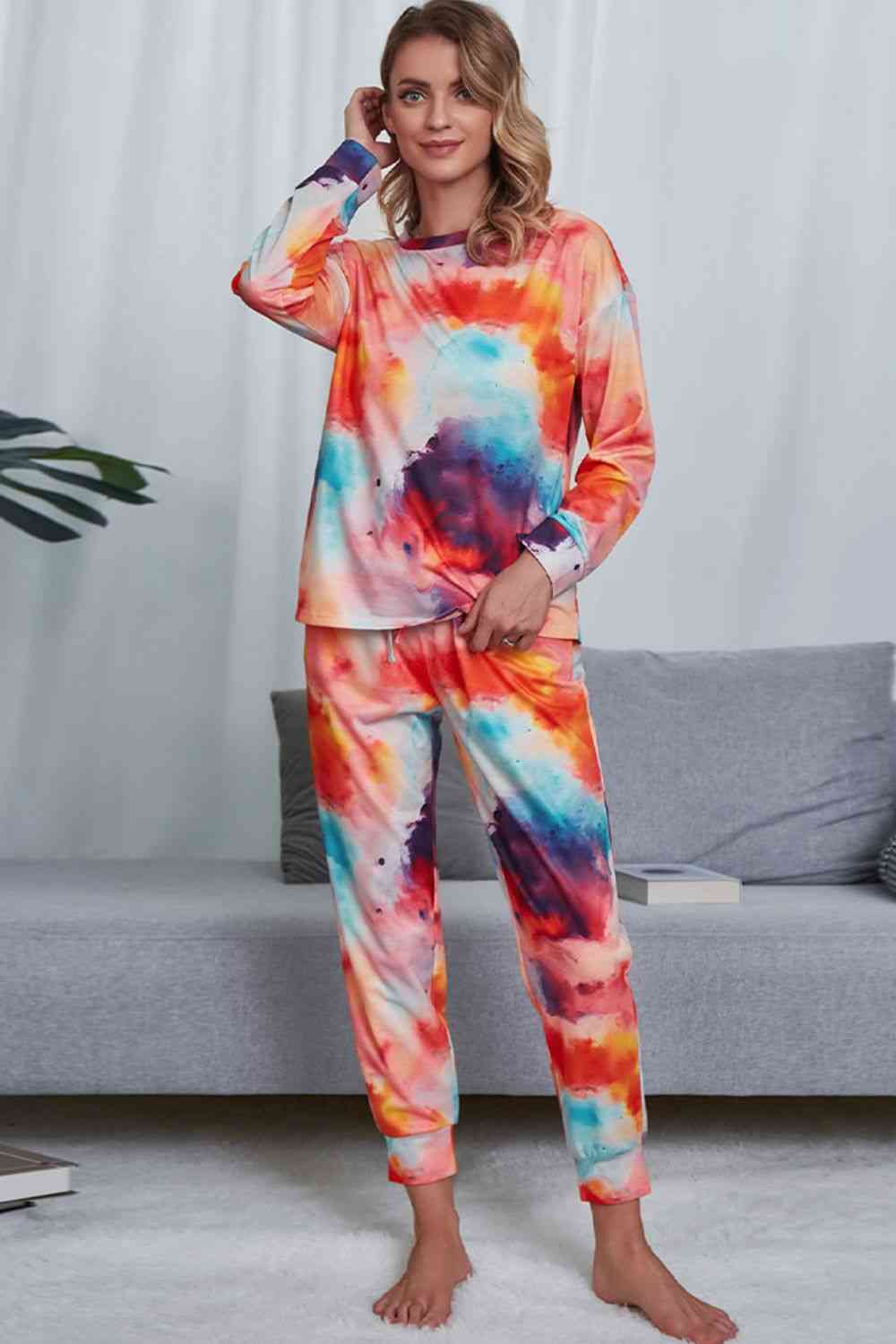 Tie-Dye Crewneck Top and Drawstring Waist Joggers Lounge Set - TRENDMELO