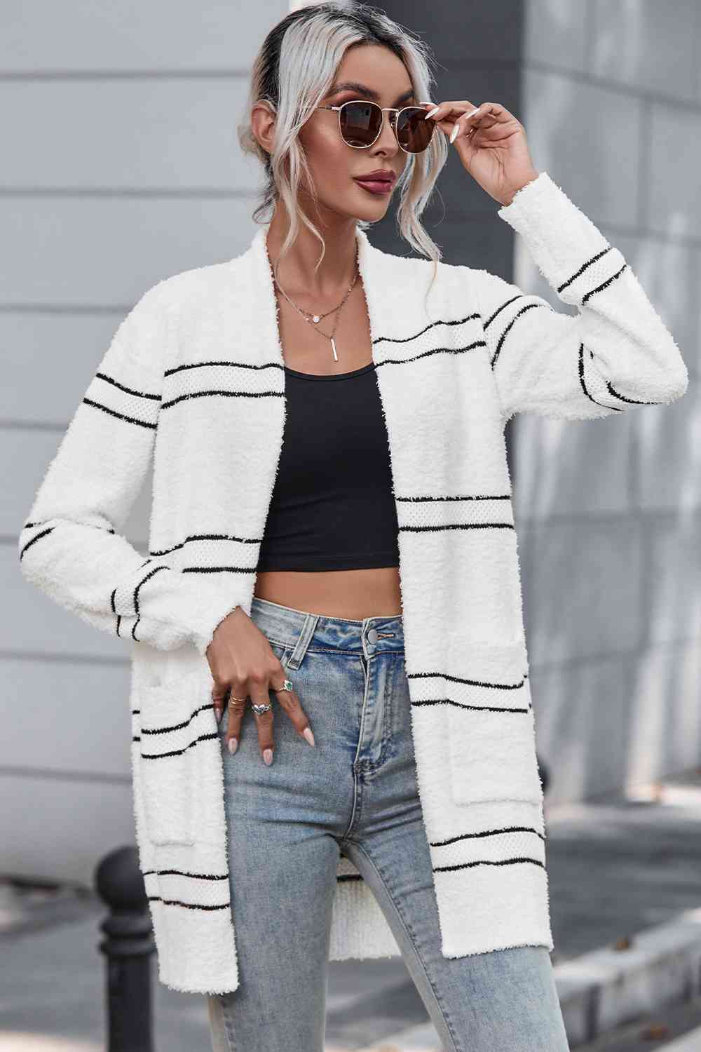 Striped Open Front Cardigan with Pockets - TRENDMELO