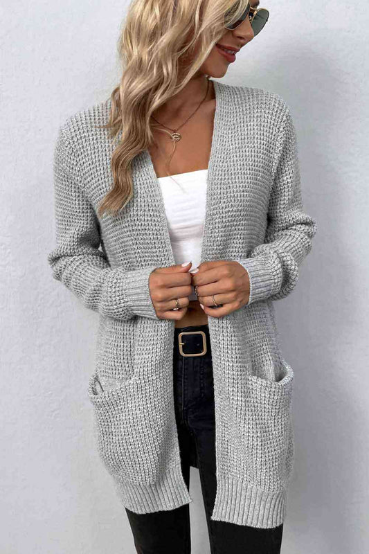 Rib-Knit Open Front Pocketed Cardigan - TRENDMELO