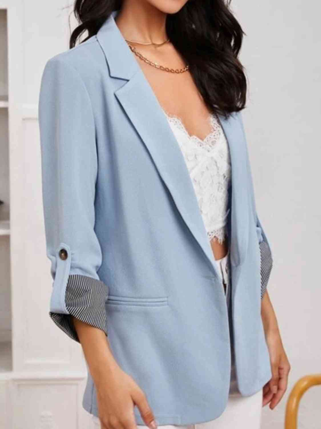 Lapel Collar Roll-Tab Sleeve Blazer - TRENDMELO