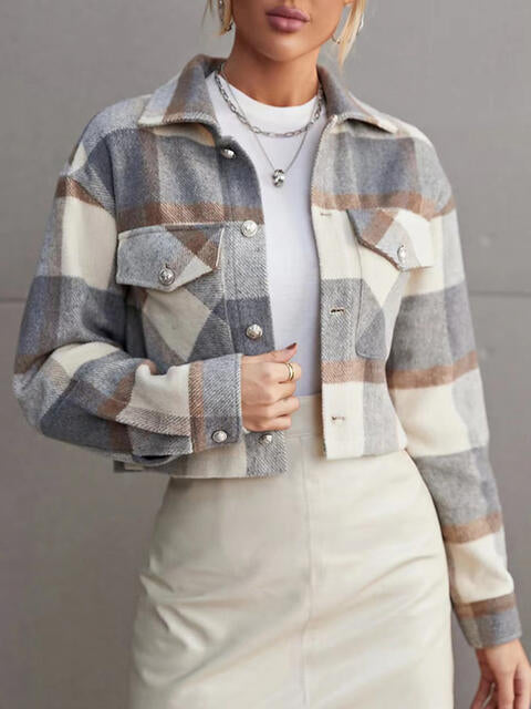 Plaid Collared Neck Button Down Jacket - TRENDMELO